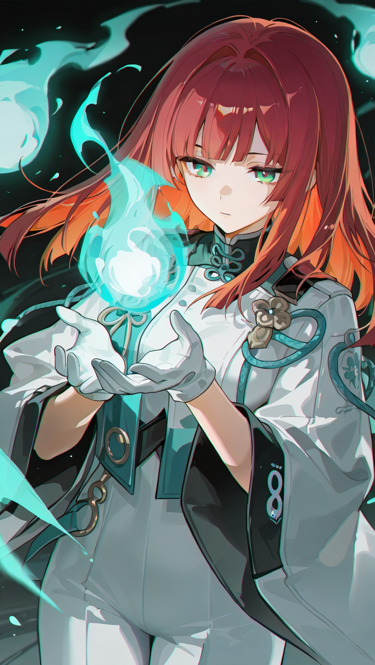 1girl, bangs, blue fire, blunt bangs, colored inner hair, fire, gloves, glowing, green eyes, hitodama, long hair, multicolored hair, red hair, solo, two-tone hair, white gloves, <lora:ChromaQuill:1>