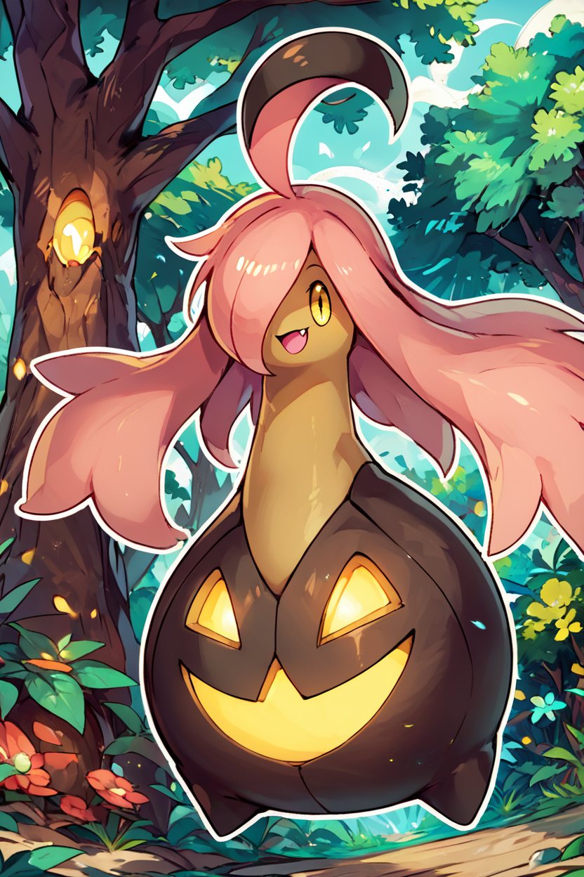 score_9, score_8_up, score_8,  BREAK,  zzGourgeist, solo, pokemon (creature), no humans, ghost, hair over one eye, ahoge,   yellow eyes, full body, outdoors, glowing, closed eyes, tree, fang, happy, <lora:Gourgeist_Pokemon_PDXL:0.8>,   BREAK, smile, looking at viewer,  abstract background, white outline,   embedding:zPDXL, Expressiveh,  <lora:CatalystStylePDXL:0.6>,  <lora:SDXLFaeTastic2400:0.5>,  <lora:Expressive_H-000001:0.4>,