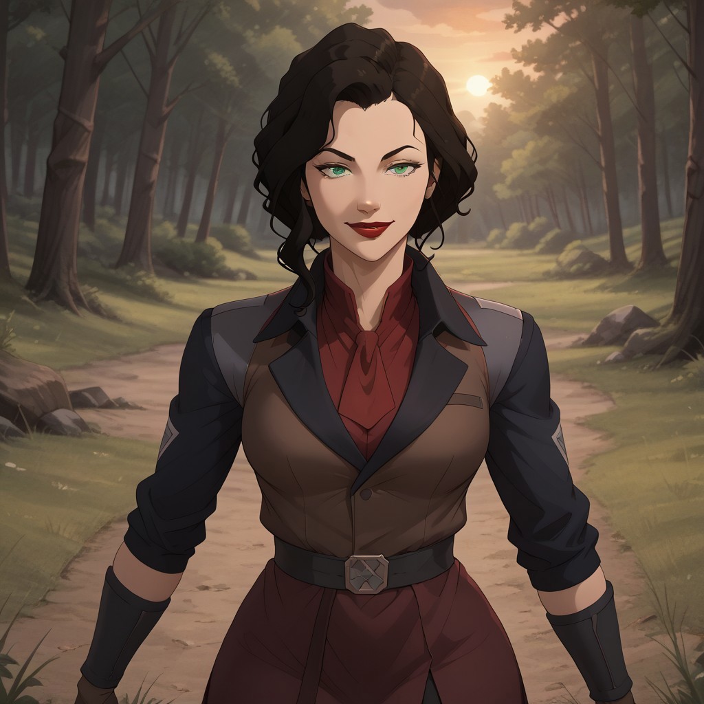 score_9, score_8, BREAK, solo, Asami_Sato_(The_Legend_of_Korra), long hair, black hair, green eyes, red lips, jacket, skirt, high boots, self portrait, smile, looking at viewer, outdoors, sunlight, shadows, evening lighting, natural lighting, forest, trees, grass, orange sky, sunset