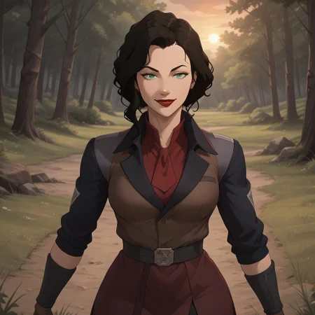 score_9, score_8, BREAK, solo, Asami_Sato_(The_Legend_of_Korra), long hair, black hair, green eyes, red lips, jacket, skirt, high boots, self portrait, smile, looking at viewer, outdoors, sunlight, shadows, evening lighting, natural lighting, forest, trees, grass, orange sky, sunset