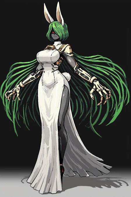 score_9, score_8_up, score_7_up, score_6_up, score_5_up, score_4_up, BREAK, source_anime, solo, 1girl, rating_safe, ((mature female)), ((long green flowing hair)), mechanical parts, ((plastic, polymer, metal body)), (big mechanical rabbit ears), mature female, (bunny ears), (animal ears), subdermal port, ((milf, mature female, big breasts)), hexagon lines in skin, naval uniform overcoat, naval uniform, white military uniform, dress_uniform, ribbons, ((red eyes)), bunny tail, rabbit tail, aiguillette, ((green hair)), ascot, ((Surreptitious shot, Bending over as if picking something up )), pilot suit, shoulder cutout, bunny rabbit Tail, ((hair over one eye, )), digitigrade, clawed feet, minimal clothes, ((metal skin, shiny skin, vampire aesthetic, digital eyes, filled eyes, monochromatic eyes, glowing eyes, colored sclera, red sclera, mechanical eyes, partially shaded face, slit pupils, angular, minimal face, minimalism, narrow eyes, large eyes)), (anubis \(mythology\), anubis \(mythology\), ), <lora:Pony_DetailV2.0:1.5>, <lora:age_slider_v4:4>, ((dark, shaded, black background, horror, GREEN HAIR,)) <lora:ECHANIS:0.7>,  <lora:Valmardraws:1> by valmardraws, pixel art