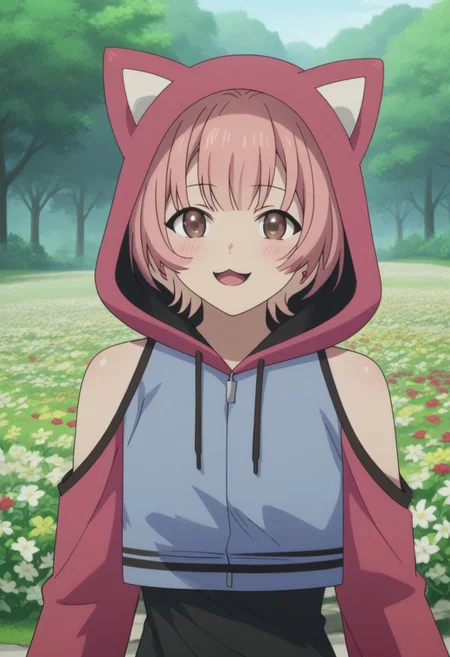 Miku, short hair, bangs, animal ears, bare shoulders, brown eyes, pink hair, hood, clothing cutout, hoodie, fake animal ears, hood up, animal hood, shoulder cutout, cat hood,
(nsfw), (uncensored), (score_9), score_8_up, score_7_up, source_anime, cowboy shot, dynamic pose, 1 Female, solo, happy smile joy, blush, ashamed, shy, sexy, charming, alluring, seductive, enchanting, erotic, 
((outdoors)), ((flower garden)), ((flowers)), ((many flowers)), spring petals, petals of flowers, spring, falling petals, flying butterflies,