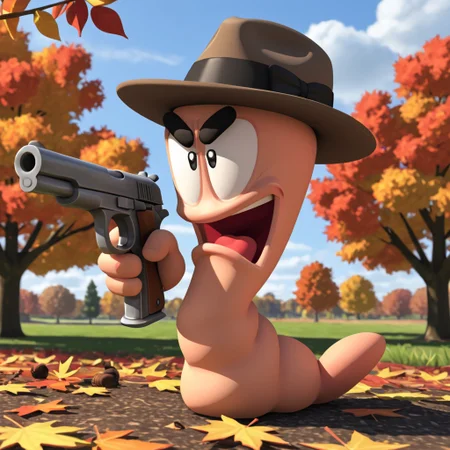 wormsteam17, wormrender, worm, animal focus, solo, fedora, floating black rounded eyebrows, side view, looking at viewer, angry, frown, holding gun, worm tail, BREAK, outdoors, nature, park, autumn, masterpiece, best quality