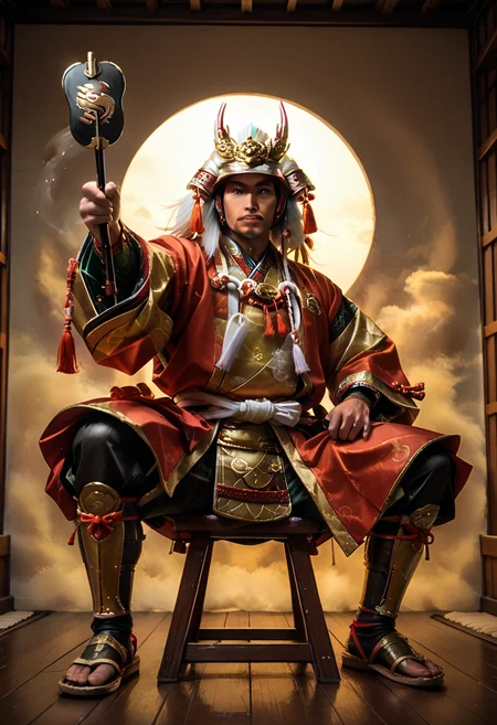 score_9,score_8_up,score_7_up,
Raw photo of a man,fat but muscular,Japanese samurai,traditional Japanese style,dramatic lighting,high contrast,decorative,atmospheric,haunting beauty,texture,(dynamic angle),round face,
Perfect composition,sharp focus,intricate details,highly detailed,
Front view,sitting,from below,wide stance,wind blowing,dynamic pose,dynamic angle,pose,big eyes,big face,(Shingen, Shingen),(holding a gunbai:1.5),legs spread,sitting on a folding chair,
<lora:Midjourney_5:0.6>,arms raised,[[arms spread]],<lora:gunbai_epoch_10:0.7>,gunbai,zPDXL3,large black gunbai,Japanese armor,,helmet,