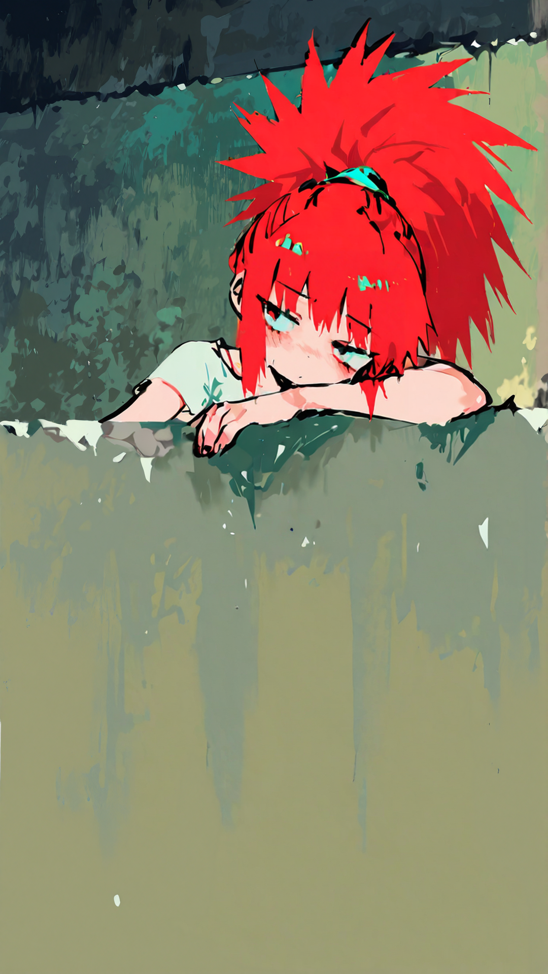 masterpiece, newest,absurdres,incredibly absurdres, best quality, amazing quality, very aesthetic, painterly,
1girl,leaning to the side, wall, red hair, wide ponytail, high ponytail, 
<lora:edanoma_meu_style:1> edanoma_meu_illu  <lora:Forest_Decay_Style_ichi_sk:1>