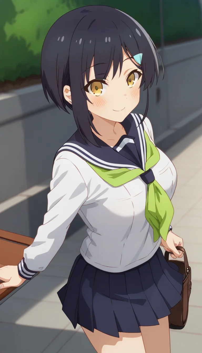 score_9,score_8_up,score_7_up,score_6_up BREAK official art,solo,outdoors,cowboy shot,looking at viewer,facing viewer,smile,blush,Tsubameya Chiharu,black hair,short hair,bob cut,hairclip,bangs,yellow eyes,school uniform,blue sailor collar,green neckerchief,white shirt,long sleeves,medium breasts,blue skirt,pleated skirt,white socks,loafers,brown footwear,<lora:Tsubameya Chiharu(snk)-Pony:1.5>,