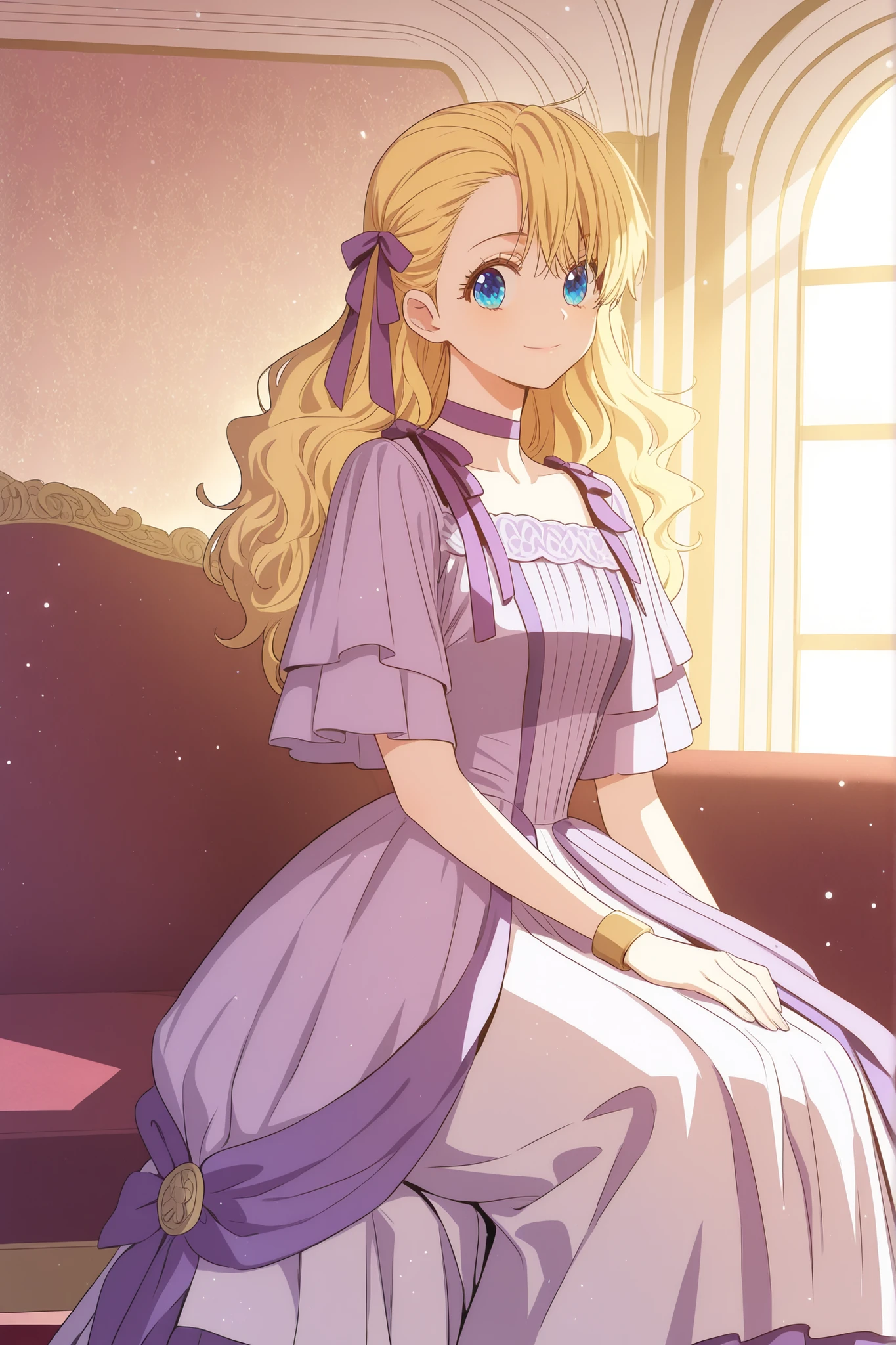 masterpiece, best quality, absurdres, high quality, detailed illustration, cinematic lighting, purplebouquetdress, 1girl, solo, athanasia, blonde hair, blue eyes, wavy hair, long hair, hair pulled back, hair ribbon, purple ribbon, layered dress, dress, purple skirt, white skirt,  wide sleeves, bracelets, ankle strap, looking at viewer, smile, sitting on sofa, soft lighting, indoors, ballroom, ornate background, detailed background, cowboy shot