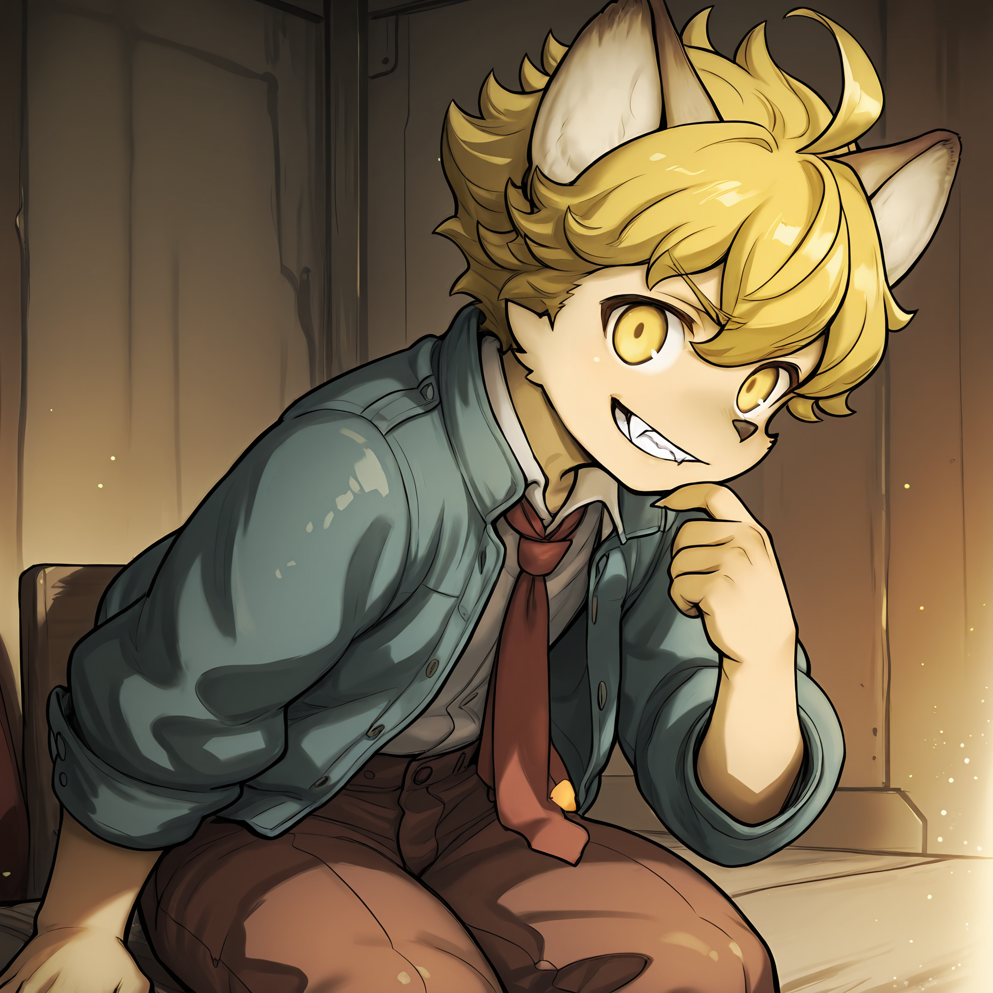 masterpiece, best quality, (absurdres), (highest quality), amazing quality, very aesthetic, no humans,
BREAK, <lora:Malt_Marzipan:1>, malt marzipan, fuga: melodies of steel, young male, 1boy, animal ears, yellow eyes, blonde hair,
BREAK, brown pants, jacket, necktie, claws,
BREAK, inside, sitting, leaning forward, finger on chin, grin, fangs,