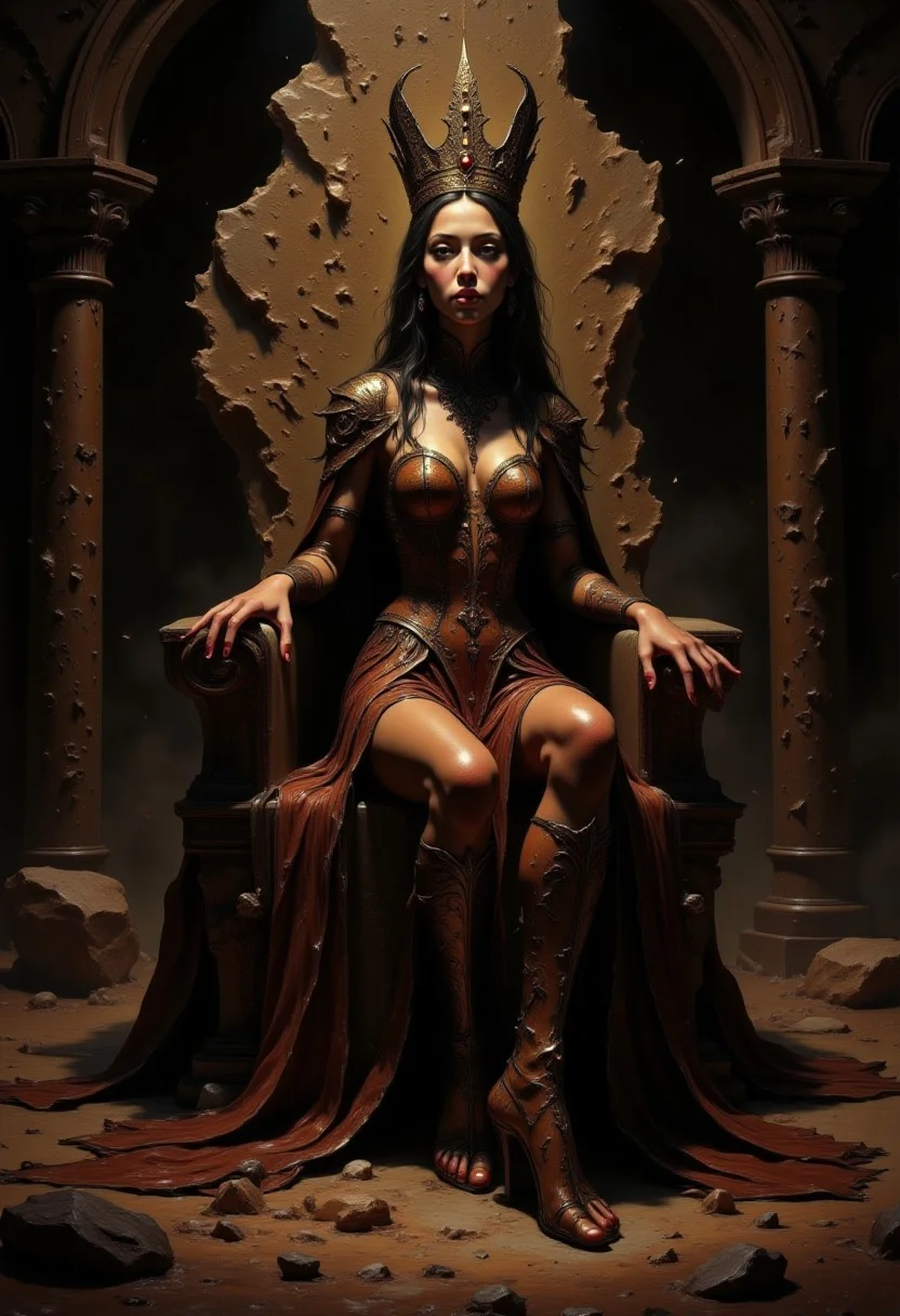 in the style of Jed-clrfl, the queen sitting on crude stone throne inside an earthy cavern chamber, she wears an intricately decorated regal attire with an extremely long skirt that spreads on the floor. The brown attire is decorated with golden pattern, she wears tall golden crown and has emotionless noble expression on her face. It's dark in the chamber, a singular light source lights up dust particles floating in the air