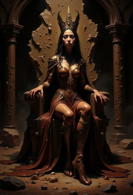 in the style of Jed-clrfl, the queen sitting on crude stone throne inside an earthy cavern chamber, she wears an intricately decorated regal attire with an extremely long skirt that spreads on the floor. The brown attire is decorated with golden pattern, she wears tall golden crown and has emotionless noble expression on her face. It's dark in the chamber, a singular light source lights up dust particles floating in the air