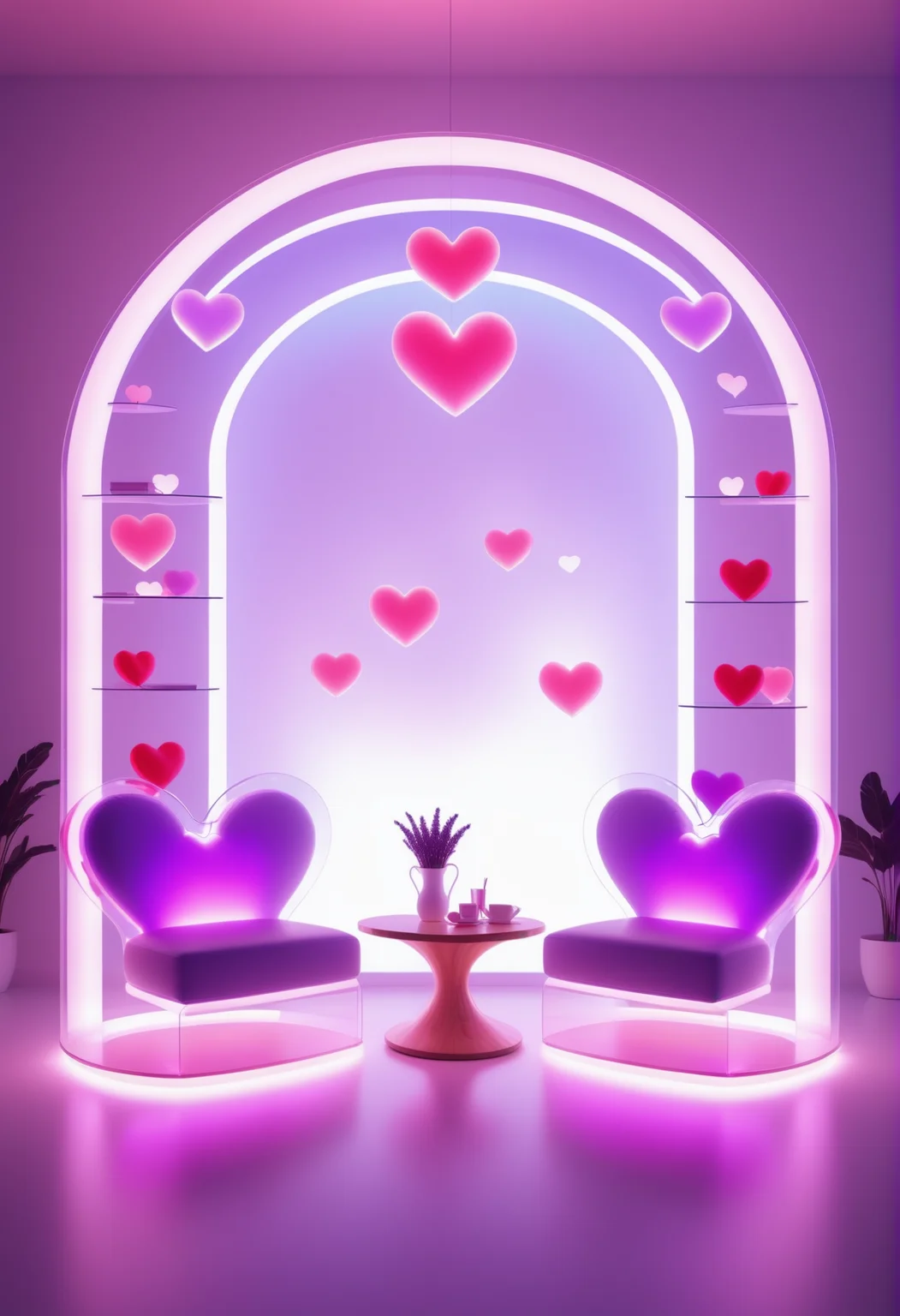 an interior with furniture made out of reij-trnsprnt filled with reij-hrts light by reij-glow <lora:heartglow-000006:1>, Cinematic still, Spartan Lavender, Depth of field 270mm, concept art, Plain white background, fantasy, artistic, epic composition, contemporary, magnificent, dramatic, sunny