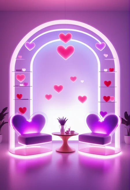 an interior with furniture made out of reij-trnsprnt filled with reij-hrts light by reij-glow <lora:heartglow-000006:1>, Cinematic still, Spartan Lavender, Depth of field 270mm, concept art, Plain white background, fantasy, artistic, epic composition, contemporary, magnificent, dramatic, sunny