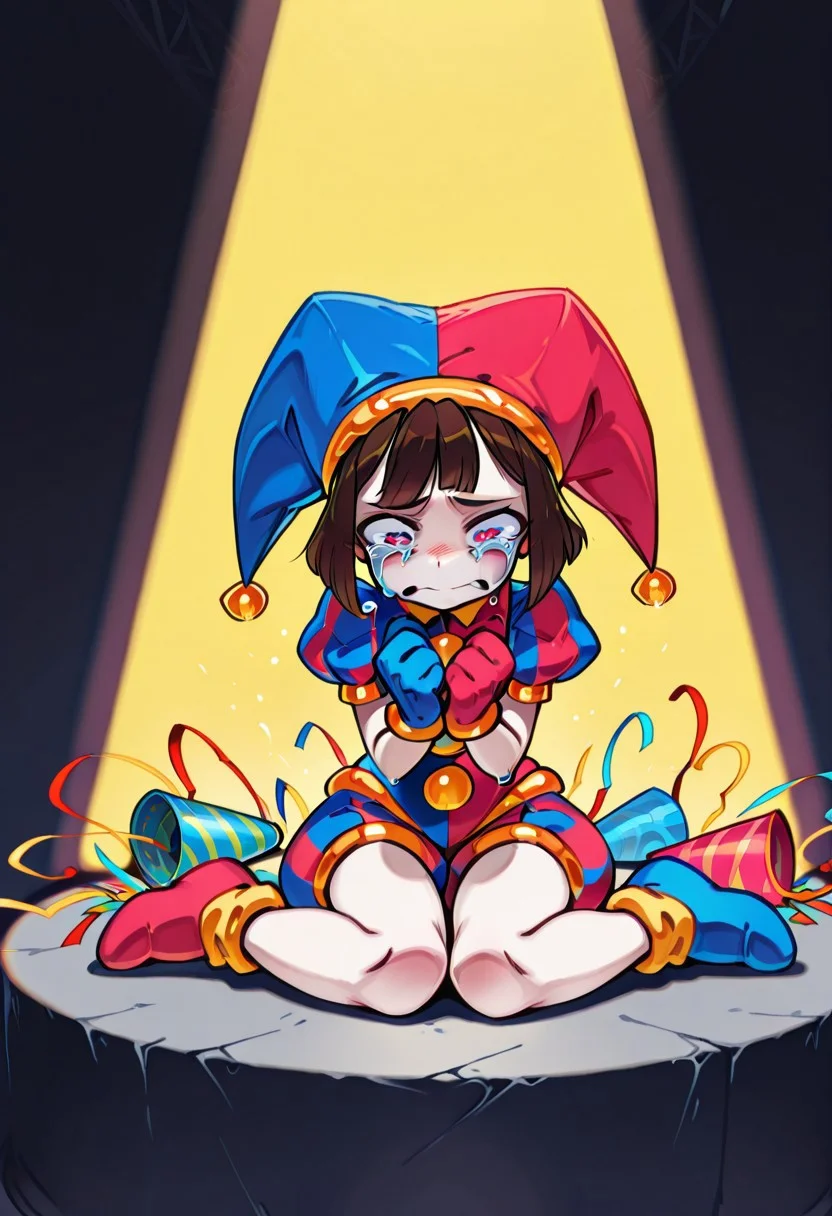 masterpiece,best quality, 2D, Kabrap, 1girl, solo, pomni_illust, gloves, hat, jester cap, puffy sleeves, short sleeves, crying, sitting, spotlight, party popper,