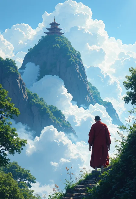 a minimalist digital illustration of a faraway shot of a monk in red robes carrying an incense burner, climbing steps of a very high mountain with temple on top, shrouded in clouds, blue and white clouds and mountain,green trees