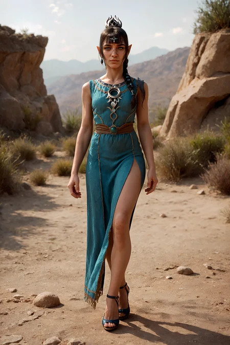 5h4rt, score_9, score_8_up, score_7_up, 1girl, solo, cowboy shot, legs together, intense sun, desert heatwaves, asymmetrical hem dress, strappy stiletto heels, drop earrings, <lora:_5h4rt:1.0>