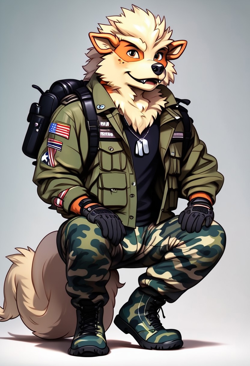 Solo, hyper realistic, photorealistic, highly detailed, anime, Male character, Freckle spots on face, furry, anthro, not human, Relaxed, Satisfied, Lonely, wearing camouflage style boxers under camouflage style pants, wearing a cowboy hat, wearing a puffy camouflage style jacket, wearing a camouflage style backpack, wearing high tech camouflage style gloves, long camouflage style shirt under jacket, wearing dog tag necklace, wearing camouflage heavy duty boots, FurryDalle, cartoon, toony, arcanine