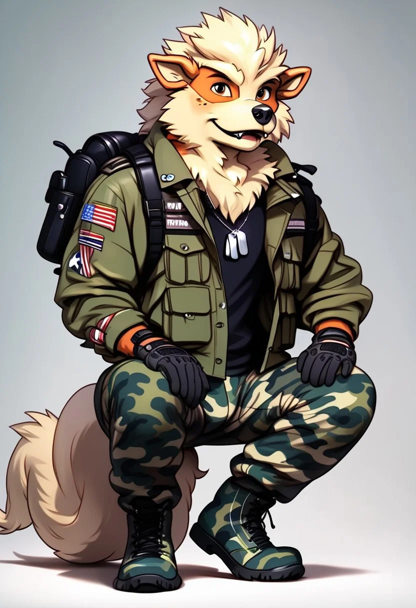 Solo, hyper realistic, photorealistic, highly detailed, anime, Male character, Freckle spots on face, furry, anthro, not human, Relaxed, Satisfied, Lonely, wearing camouflage style boxers under camouflage style pants, wearing a cowboy hat, wearing a puffy camouflage style jacket, wearing a camouflage style backpack, wearing high tech camouflage style gloves, long camouflage style shirt under jacket, wearing dog tag necklace, wearing camouflage heavy duty boots, FurryDalle, cartoon, toony, arcanine