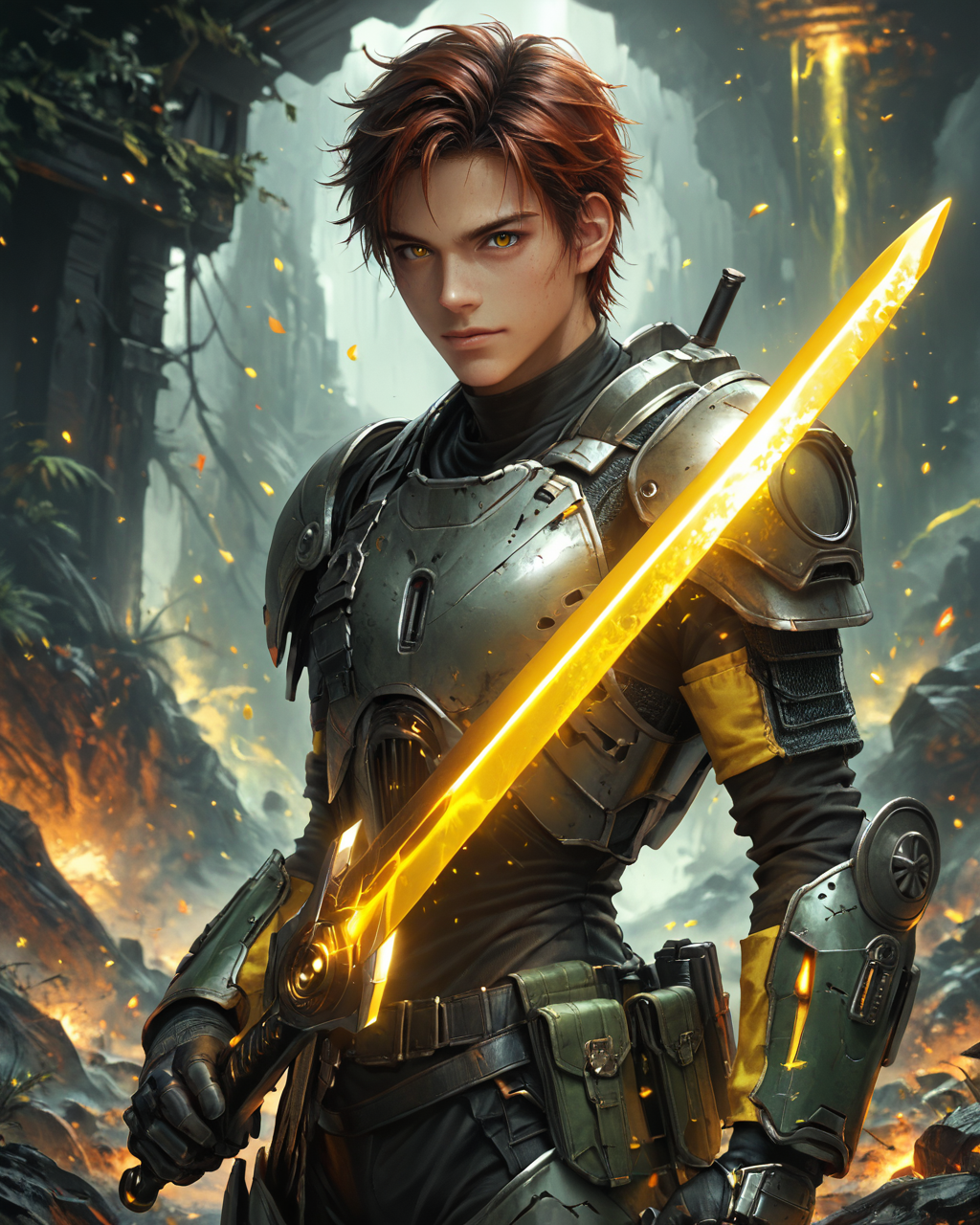 score_9, score_8_up, score_7_up, intricate details, rating_questionable, fantasy setting,
<lora:homri52:1>,
<lora:Plasma_Sword:1>,
1boy(human, young man, japanese, black hair, auburn eyes, science fiction, mercenary, carbon fiber armor, holding a plasma sword, glowing yellow Plasma Sword, crackling yellow energy around the sword, solo, cowboy shot), alien battlefield, craters, trenches, detailed background, depth of field, 
best quality,
<lora:ral-chrosc-clr:0.5>, ral-chrosc-clr,
<lora:Expressive_H:0.5>
<lora:xl_more_art-full_v1:0.3>,
<lora:add-detail-xl:0.3>,