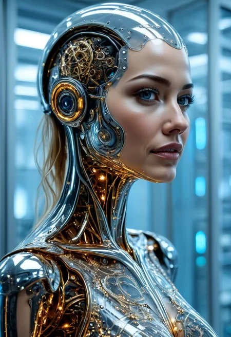 the most realistic, photorealistic photo ever taken [PORTRAIT MID BODY SHOT, extremely detailed, 8k, BEAUTIFUL FEMALE ANDROID (SEDUCTIVE SMILING:1.5), looking at the camera, IN A HIGH TECH FUTURISTIC LABORATORY, LEDS,BIOMECHANICAL BODY PARTS, (glass TRANSPARENT ULTRA DETAILED BODY shell:1.5) SHOWING blue and gold CIRCUITRY INSIDE THE BODY, Detailed hand, (DYNAMIC POSES:1.5), Perfect hand, ],ANDROID