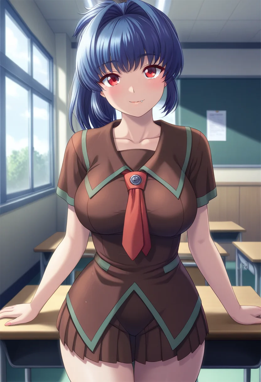 masterpiece, best quality, amazing quality, 1girl, solo, cowboy shot, ikumiww, red eyes, blue hair, long hair, ponytail, hair intakes, large breasts, fang, school uniform, brown serafuku, collarbone, brown shirt, short sleeves, red necktie, brown pleated skirt, looking at viewer, smile, indoors, day, skindentation, detailed clothing folds, depth of field, sharp, high contrast, dynamic light <lora:Yasuda_Ikumi_Yuumei_Sakai_o_Koto_ni_Suru_ill:0.8>