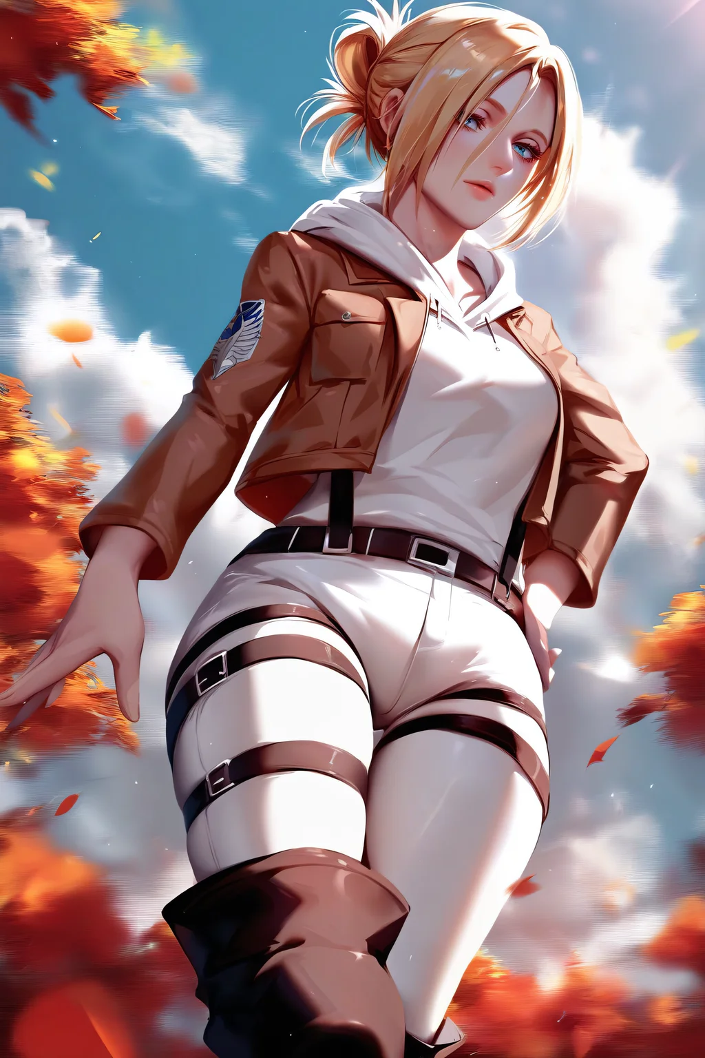 score_9, score_8_up, score_7_up, BREAK source_anime, <lora:annie leonhardt-PonyXL-lora-Faxtron:0.8> annie leonhardt, single hair bun, white hoodie, open cropped brown jacket, white pants, thigh strap, survey corps \(emblem\), knee boots,