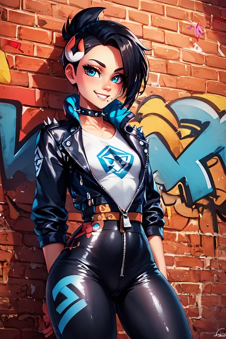 score_9, score_8_up, score_8, medium breasts, (curvy), cute, eyelashes, BREAK, , zzMai, black hair, blue eyes, mole, mole under mouth, short hair, eyelashes,<lora:MaiPokemon_PDXL:0.7>, , BREAK, smile, looking at viewer, leather jacket, leather pants, black jacket, tight pants, black choker, zipper, biker clothes, spikes, multiple belts, shiny clothes, high collar, (graffiti:1.2), brick wall, cowboy shot, embedding:zPDXL, Expressiveh, <lora:CatalystStylePDXL:0.6>, <lora:SDXLFaeTastic2400:0.5>, <lora:Expressive_H-000001:0.4>,
