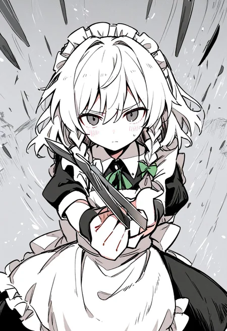 1girl, izayoi sakuya, touhou, solo, maid headdress, maid, apron, short sleeves, dress, closed mouth, white apron, looking at viewer, maid apron, puffy short sleeves, frills, puffy sleeves, black dress, frilled apron, hair between eyes, outdoors, blush, throwing knives, knives, serious face, upper body, masterpiece, best quality, very aesthetic, absurdres
kzit