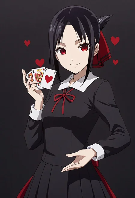 kaguya, bangs, black hair, red eyes, sidelocks, shinomiya kaguya, folded ponytail, parted bangs, hair ribbon, ribbon, red ribbon, dress, black dress, school uniform, shuuchiin academy school uniform, best quality, masterpiece, original, extremely detailed wallpaper, mystical fog, (looking at viewer), 1girl, solo, poker card, red hearts, FFCB, Anime, Simple Anime, (hearts on background, card on hand, black background, smile, red aura), dominant pose