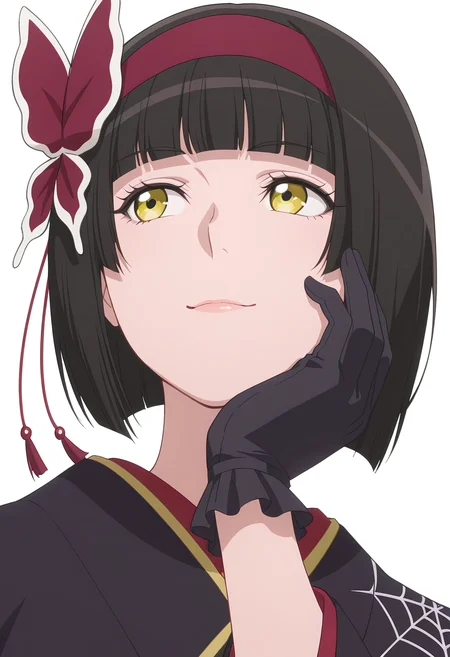 Smooth Quality,masterpiece, ultra realistic,
simple background, white background,
from below,;),hand on own cheek,
 <lora:MioCnn:0.8> Mio/Cnn, 1girl, short hair, bangs, japanese clothes, kimono, yellow eyes, hairband, blunt bangs, black gloves, black hair, spider web print,butterfly hair ornament,folding fan,