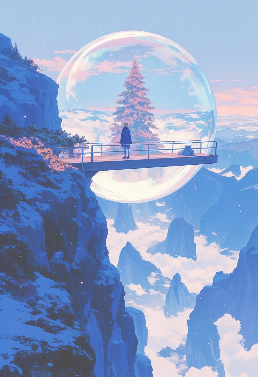 A Night anime-style scene featuring a Mature girl standing on a wooden bridge high above a deep valley above clouds, fish eye pov , from far showcasing the bridge along with valley , bridge made of vines and cables , bridge is fully covered with cristmas lighs and presents along its path , brdige leading to a huge glass snowglobe that shins everlighty in the night sky , dim night with stars , night illuminated by shiny showglobe which has huge chrsitmas tree inside it