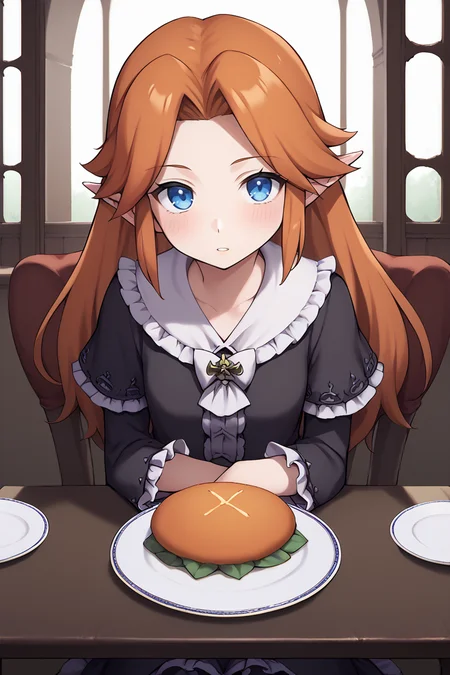 score_9, score_8_up, score_7_up, score_6_up, score_5_up, source anime,
looking at viewer, <lora:malon_cremia-v1_pdxl:0.7> , malon, cremia, 1girl, blue eyes, orange hair, sitting, <lora:LFashionPDXL:1> , zzLFashion, ((black dress)), frilled dress, frills, bow, dress, pantyhose, 
(indoors), sitting, restaurant, chandeliers, tables, chairs, tables, plates, nobility,  pov across table, <lora:senbei_avocadochaya_XL:1>