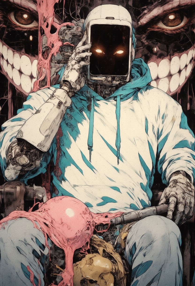 A white robot with turquoise accents in a hoodie and jeans, the face is completely hidden by a black LED screen, two glowing eyes with a haughty look on the screen, the robot holds the screen with his hand and sits on a throne, the throne consists of female breasts, anime smiles, and anime eyes, pink liquid flows over it, background
gradient black from the center, with a huge mocking smile on the background, maximum detail, lots of scratches and scuffs, highlights, strokes