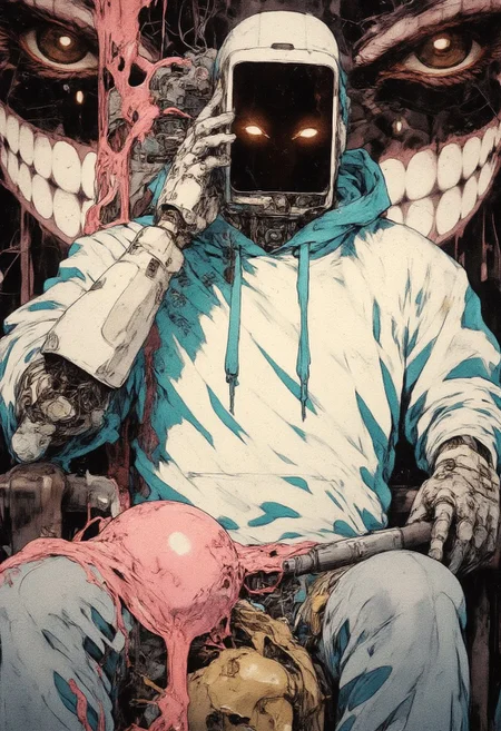 A white robot with turquoise accents in a hoodie and jeans, the face is completely hidden by a black LED screen, two glowing eyes with a haughty look on the screen, the robot holds the screen with his hand and sits on a throne, the throne consists of female breasts, anime smiles, and anime eyes, pink liquid flows over it, background
gradient black from the center, with a huge mocking smile on the background, maximum detail, lots of scratches and scuffs, highlights, strokes