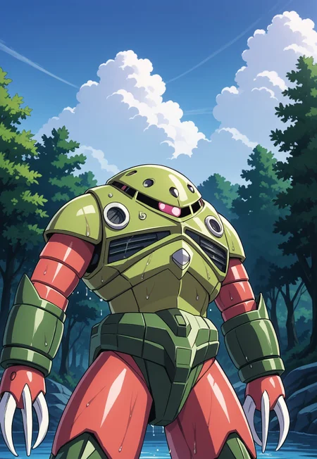 score_9, score_8_up, score_7_up, source_anime, cowboy shot, front view, BREAK, ( zgok, green_zgok_armor, pink monoeye, looking at viewer, arms by sides, standing, wet, ) 1mech, mech focus, solo, BREAK, trees, wooden building in foreground, cloudy sky,