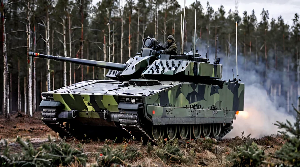 cv9040 standing in a winter forest, tank facing right, firing cannon, shrubbery, 
<lora:CV9040:1>