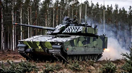 cv9040 standing in a winter forest, tank facing right, firing cannon, shrubbery, 
<lora:CV9040:1>