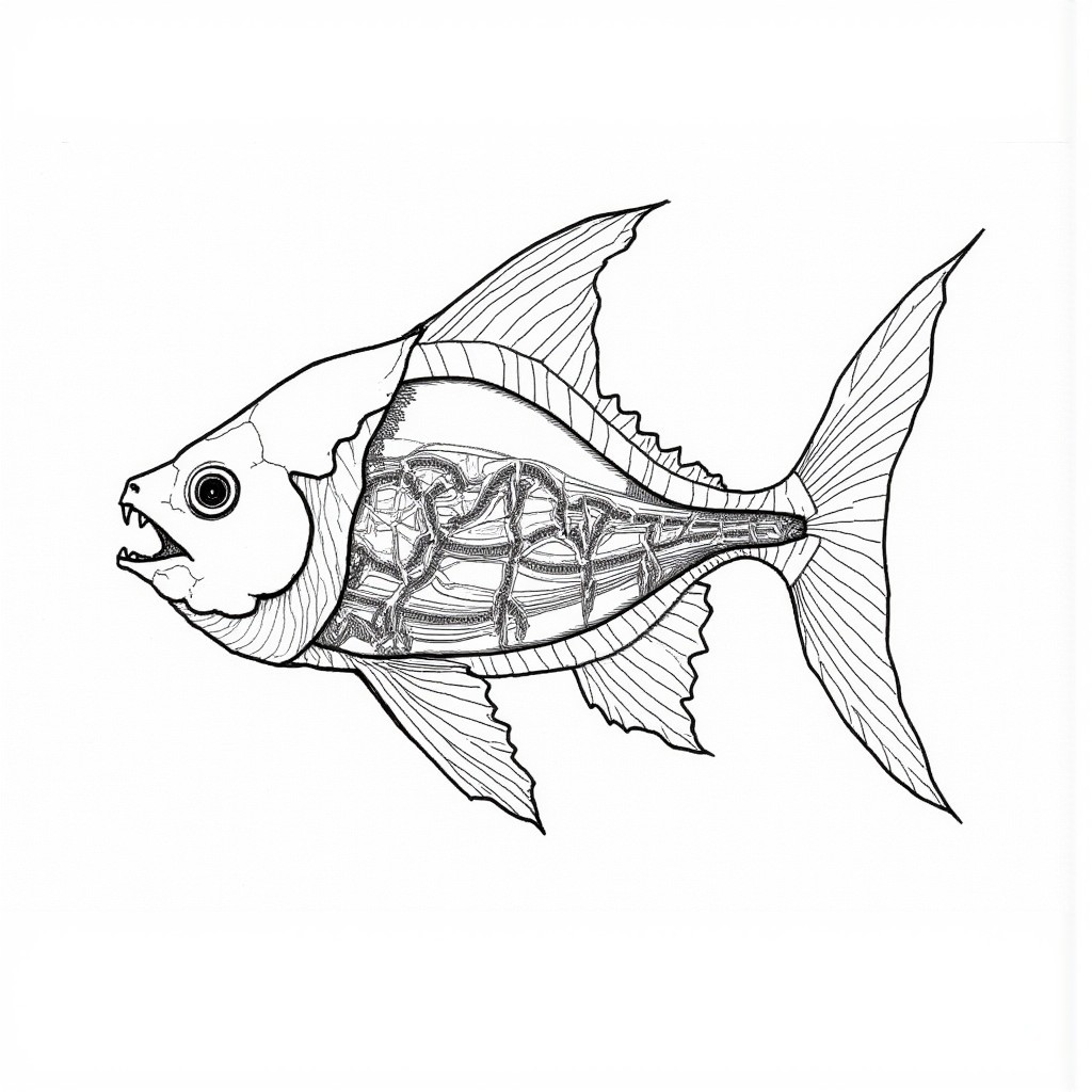 Sketch, aidmaHyperrealism, Anatomically Correct Drawing of the Fusion between a fish and a Snake. The Creature shows intricate details to the inner organs with descriptions and lines like a Blueprint.