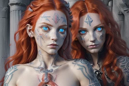 bright red hair, human female, (feminine:1.7), (beautiful face, detailed face:1.6), (beautiful eyes, detailed eyes:1.7), (looking at viewer, eye contact, intense:1.6), (long hair, red hair, curly hair:1.3), , ((masterpiece, best quality, high resolution, realistic, best quality,)), photo realistic, Perfect Face, (detailed face). <lora:GoodHands-vanilla:0.6> <lora:add-detail-xl:0.8>, mage, (Dress White military uniform coat), dagger, rune dagger, glowing runes, , (((glowing magic symbols tattoos, religious tattoos))), ((face tattoos)), glowing tattoos, stone tower in the background