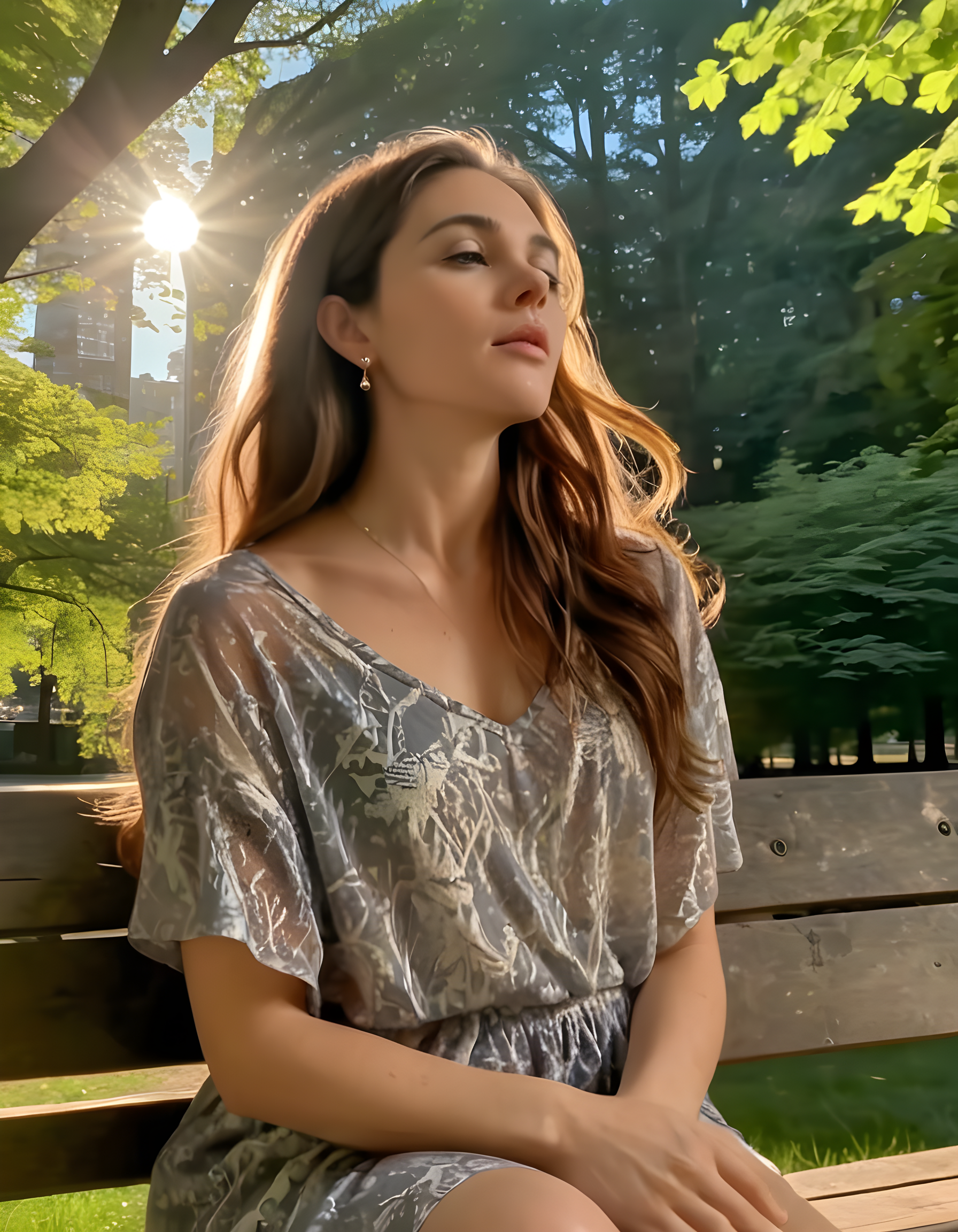 In a bustling city park bathed in the golden glow of late afternoon sunlight, a striking woman named M1GM1K, with her long, chestnut-brown hair cascading down her back, sits on a worn wooden bench. Her pose is relaxed yet intent, her parted lips hinting at a secret thought. The sun's rays filter through the leaves of the towering trees behind her, casting dappled shadows over her face and illuminating her delicate features. She adorns herself with intricate, shimmering earrings that catch the light as they dance with her movements, adding an air of mystery to this captivating portrait.