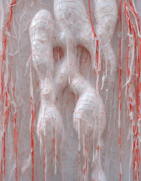 she as sculpture made of Delicate porcelain shards,geometric patterns ethereal fabric wisps, suspended in midair, ghostly whispers, fragmented memories, surreal elegance, ephemeral existence, haunting beauty, (colorful:1.1) , Architectural Digest Fashion Feature,red ropes,(Keresztes:1.2), hyperrealistic, photorealistic,
