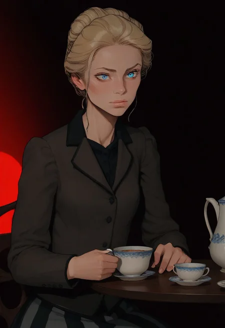 score_9, score_8_up, score_7_up, source_anime, solo, 1girl,
annie_bowyer, light skin, blue eyes, gibson girl updo hairstyle, blonde hair, loose strands,
dark high collared jacket, striped dark long skirt,
red light background, dark room silhouette background, (red background), (((cowboy shot))), (((seated))), Edwardian living room, table, tea cup, tea pot,