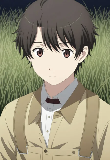 high resolution, solo, best quality, 1Boy, Inaho Kaizuka, Black Hair, Brown Eyes, grass, middle night, OverallDetail