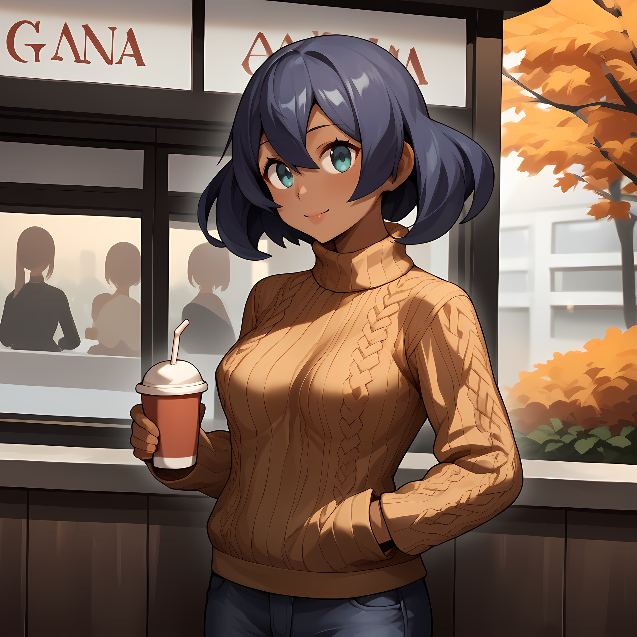 score_9,score_8_up,score_7_up,score_6_up,source_anime,rating_safe, 1girl, solo,  <lora:Sina_-_Pokemon_XYSM:0.8> Sina_XYSM, Dark-Skinned Woman, knitted sweater, autumn, cafe, cozy, zPDXL2,