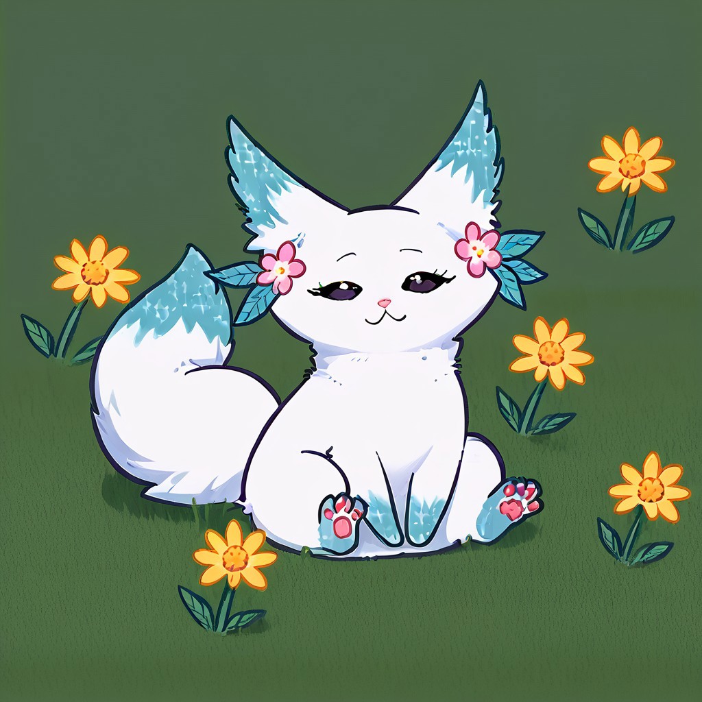 Minto, white fur, black sclera, black eyes, pink nose, paws, tail, turquoise edges at the ears, full body, outdoors, sitting on grass