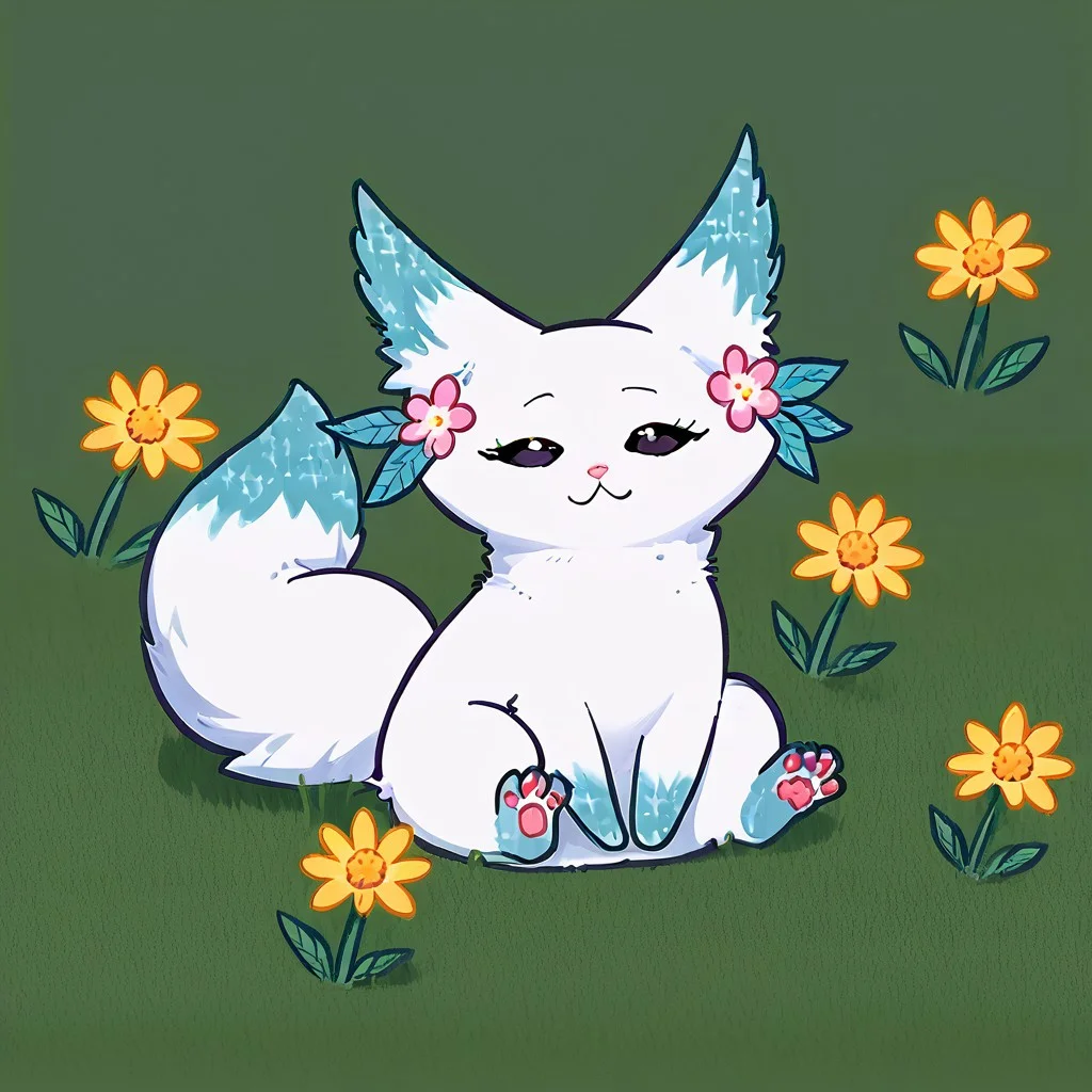 Minto, white fur, black sclera, black eyes, pink nose, paws, tail, turquoise edges at the ears, full body, outdoors, sitting on grass
