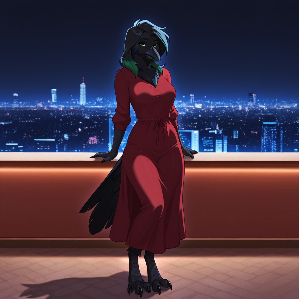 masterpiece, best quality, amazing quality, crowbirdil, anthro, crow, female,  black feathers, green eyes, talons, red dress, standing, city background, full body, solo, 1girl, <lora:3a0ba0e1-4d85-4961-bb43-51504b1777e9:1.0>