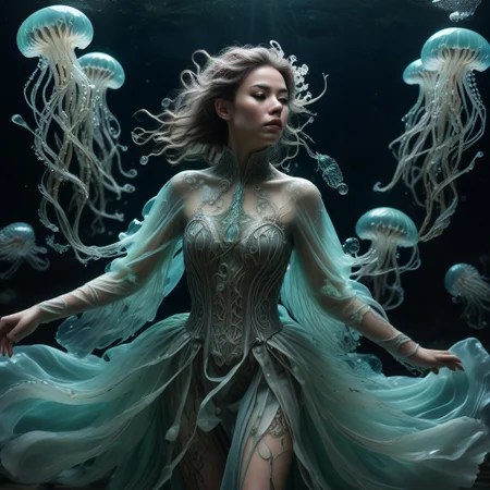 long mid shot portrait photography of an ethereal warrior, (glowing runes: 1.1), fairytale aesthetic. light green sheme, Photorealistic, intricate details, realism, sfw, ultrasharp,photography, floating, dress, water, under water, jellyfish, haute couture, tentacles, bioluminescence