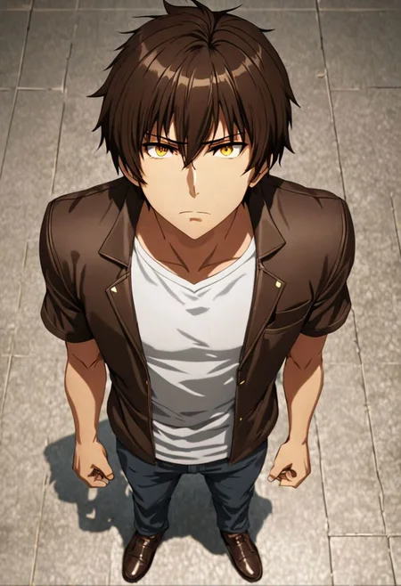 Highres, Masterpiece, High Quality, 4K, 8K, solo, 1Boy, Seiya Kanie, short dark brown hair, golden eyes, standing, straight facing upwards, casual, seen from above, arrogant face, dominant, intimidate, easynegative, detailed_eye_model