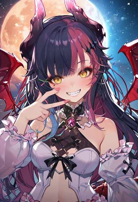 score_9_up, score_8_up, score_7_up, score_6_up, sourced_anime, 1girl, (SudaYoruka:1.1), dragon horns, dragon tail, dragon wings, (mini wings:1.2), highly detailed yellow eyes, looking at viewer, (crazy eyes:1), evil grin,
interesting background, detailed background, aerial, cinematic angle, dynamic angle, (dynamic pose:1.3), gradient, starry sky, blue sky, cloudy sky, (finger gun:1), cowboy shot, moon,
<lora:SudaYorukaXL_autismmixPony2:1.1>, <lora:Shine_colorful_XL_15E2B3A3C_RT:1.2>, (Shine colorful:1.2), <lora:add-detail-xl:0.5>, rating_safe, sfw, masterpiece, newest, absurdres