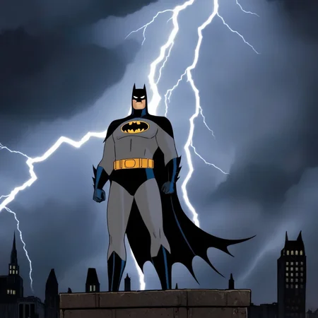 Gothic style, <lora:Batman:1.5>
a naked batman silhouetted standing in front of a lightning bolt in stormy rainy weather In Gotham City Universe, Dark, mysterious, haunting, dramatic, ornate, detailed